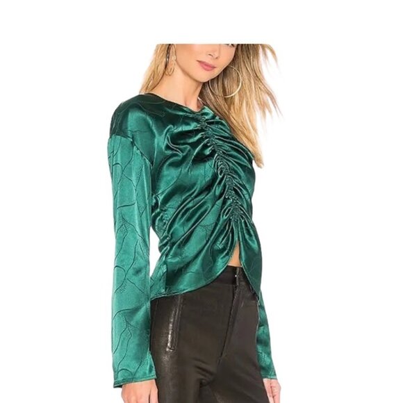 L’Academie Waylon Ruched Satin Blouse Green Size L Revolve Holiday Party Formal - Picture 1 of 14